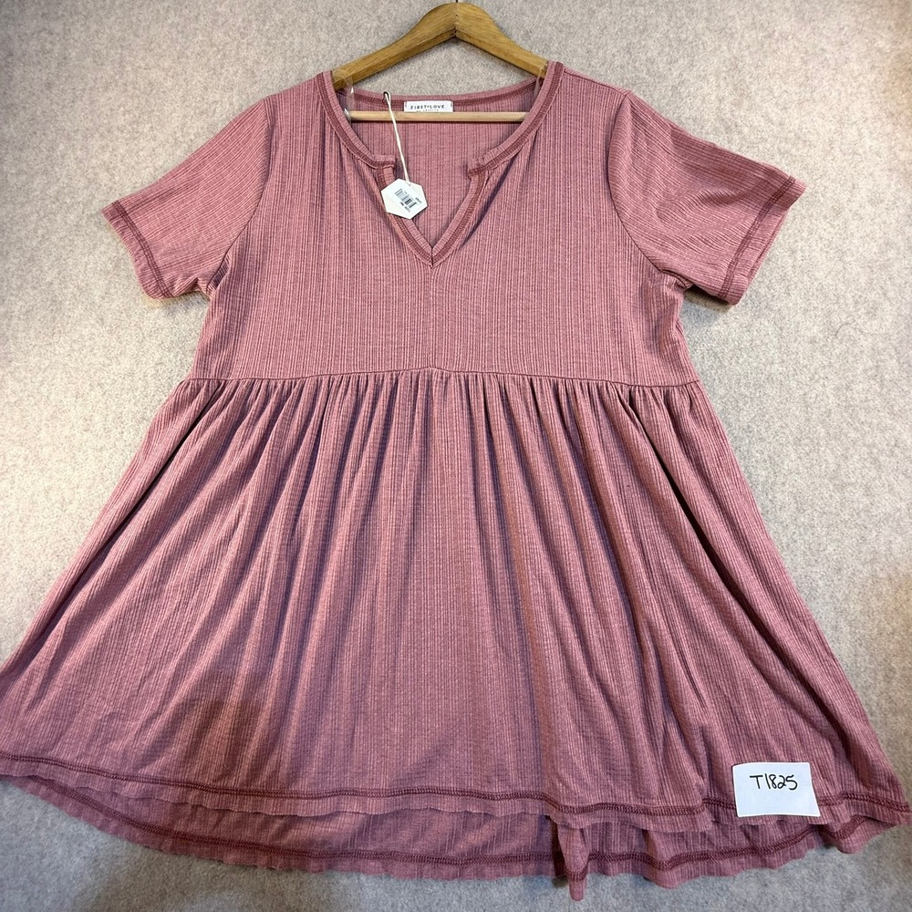 First Love by Lovelyn Mauve Ribbed Babydoll Top Short Sleeve Split Neck L NWT